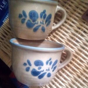 Handcrafted  Pfaltzgraff Folk Art numbered Stonewear Mugs Blue Floral Design (2)